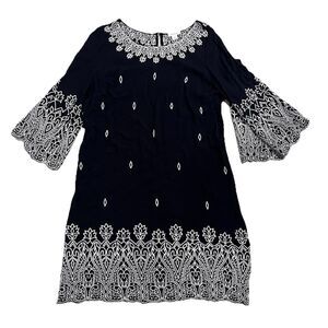 SUNDANCE Palace Shift Midi Dress Black Bell Sleeve Embroidered Scallop Hem Small